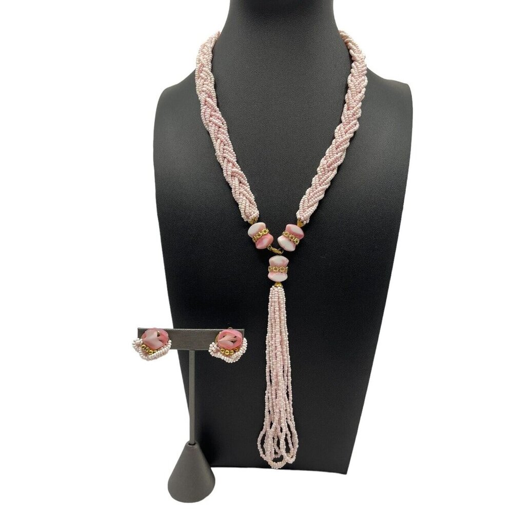 VTG Pink Seed Bead Milk Glass Multi Strand Braided Tassel Necklace Earring Set‎